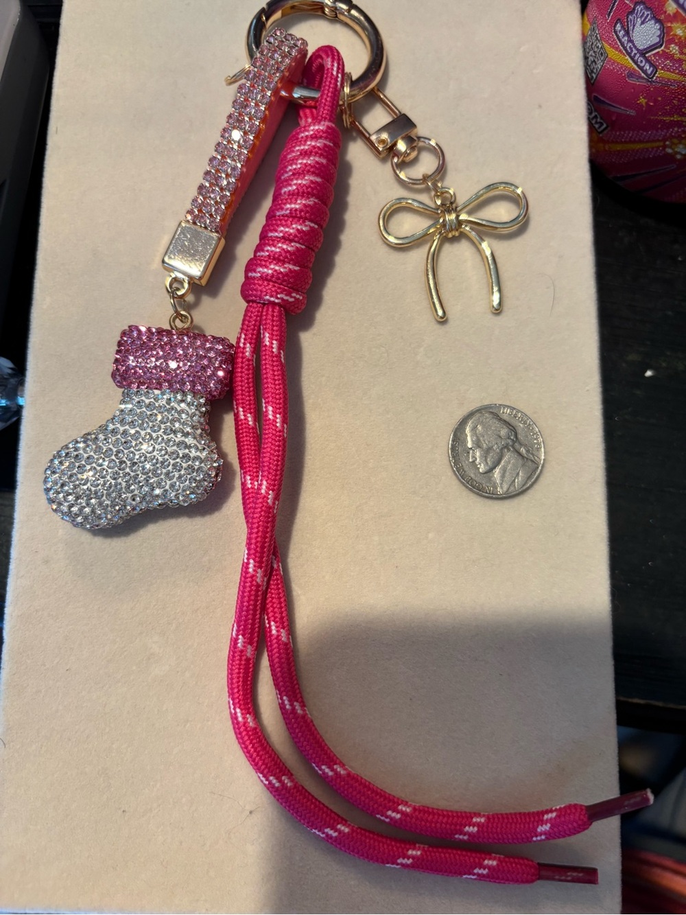 Pink & White Rhinestone Stocking Charm with Bow Accent & Pink Cord Bag Charm
